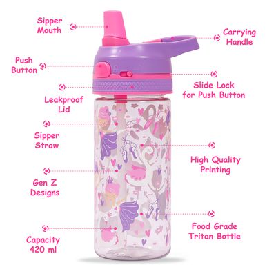 Eazy Kids Lunch Box Set and Tritan Water Bottle w / Lockable Push button and Carry Handle, Tropical - Purple, 420ml